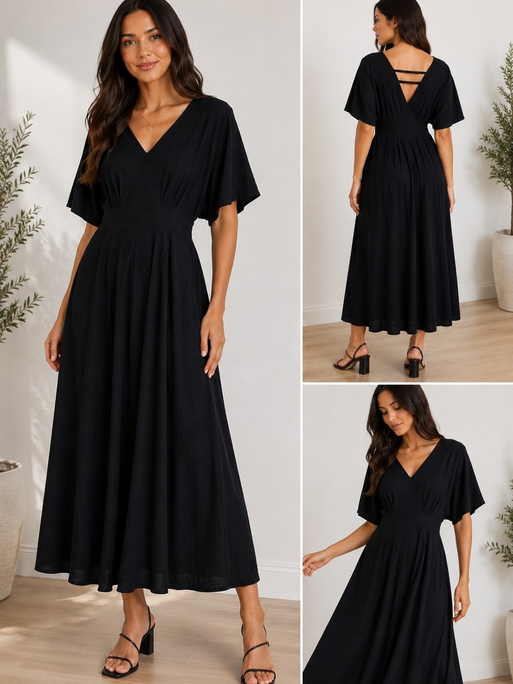 Women's Black V-Neck Maxi Dress with Flutter Sleeves - Picture 1 of 5